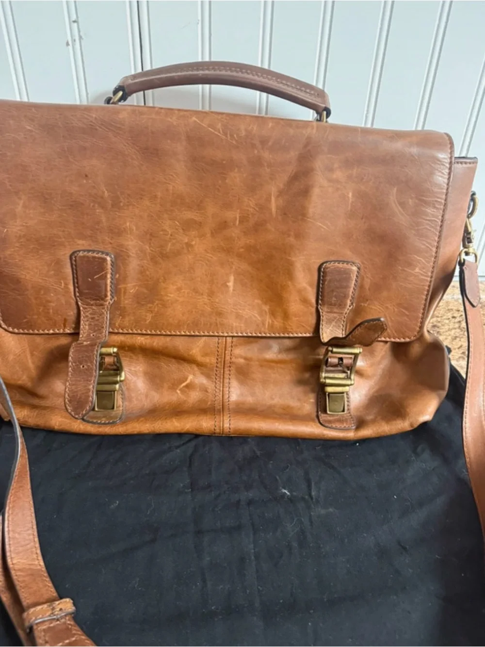 Frye Cognac Leather Satchel with Brass Buckles